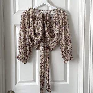 SOLD Olivaceous Floral Puff Sleeved Wrap V Neck Blouse Top